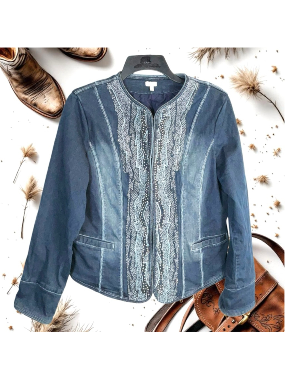 Reba Lined Faded Denim Jacket w Chains, Beads, Fancy Stitching Accents Women M